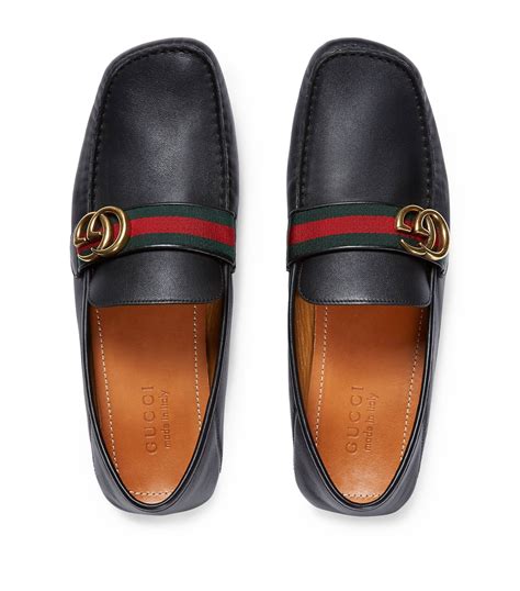 Mens Gucci black Leather Driver Web Loafers 